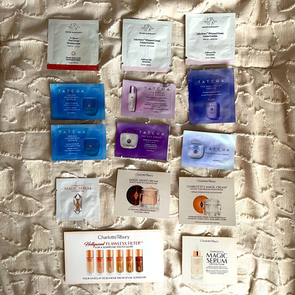 Tatcha, Charlotte Tilbury, and Drunk Elephant Sampler set - 14 pieces